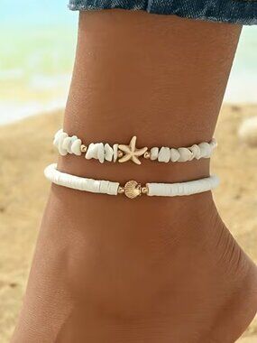 Bohemian Ankle Bracelets Starfish & Scallop Shell Seed Bead & Soft Clay Beads